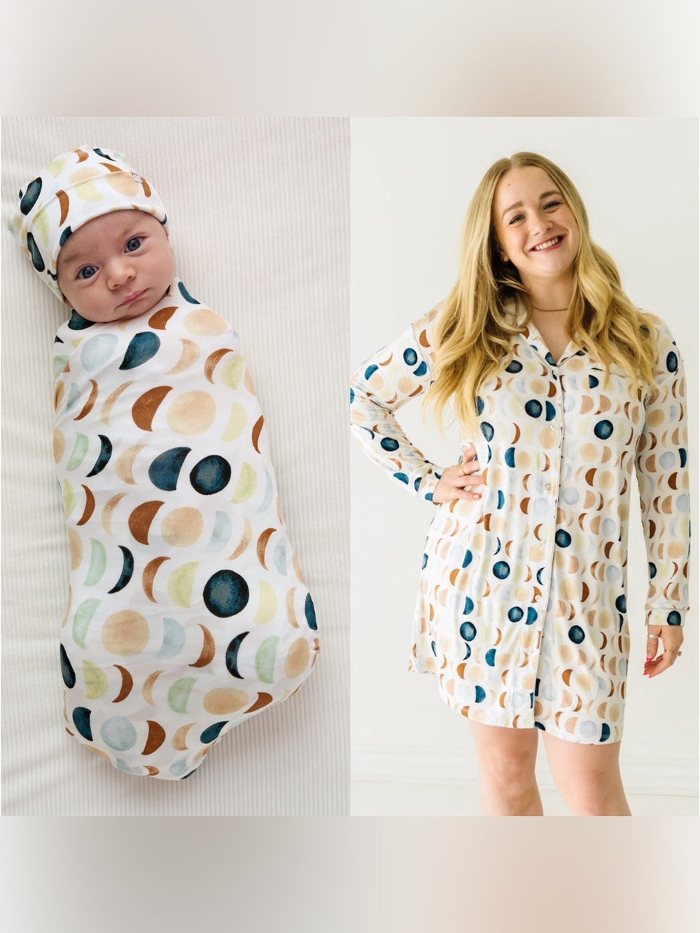 Little Sleepies Luna Neutral Matching Mom & Baby Set Sleep Shirt, Swaddle, Hat